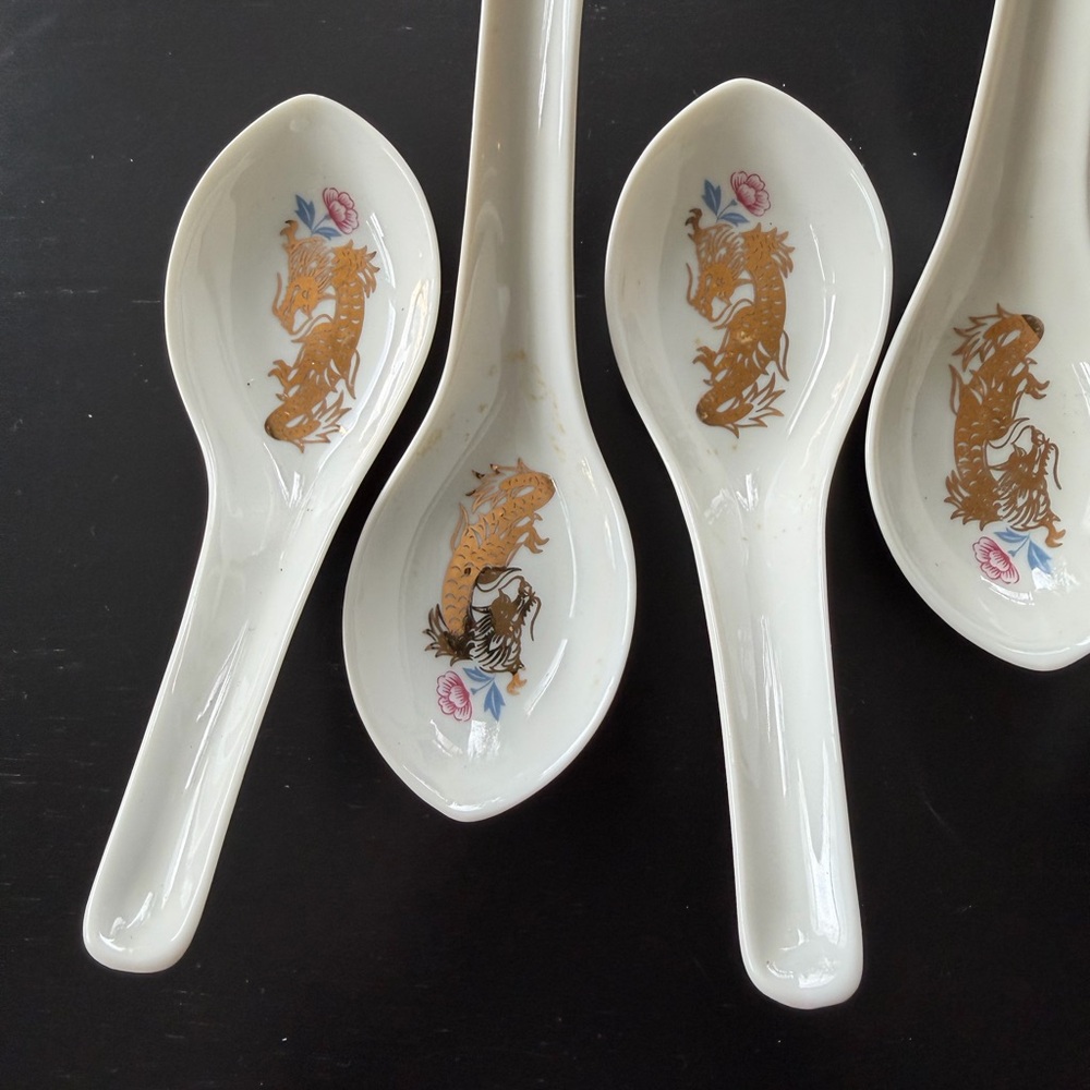 Vintage Japan Porcelain Soup Ramen Spoons with Gold Dragon 8 Lot